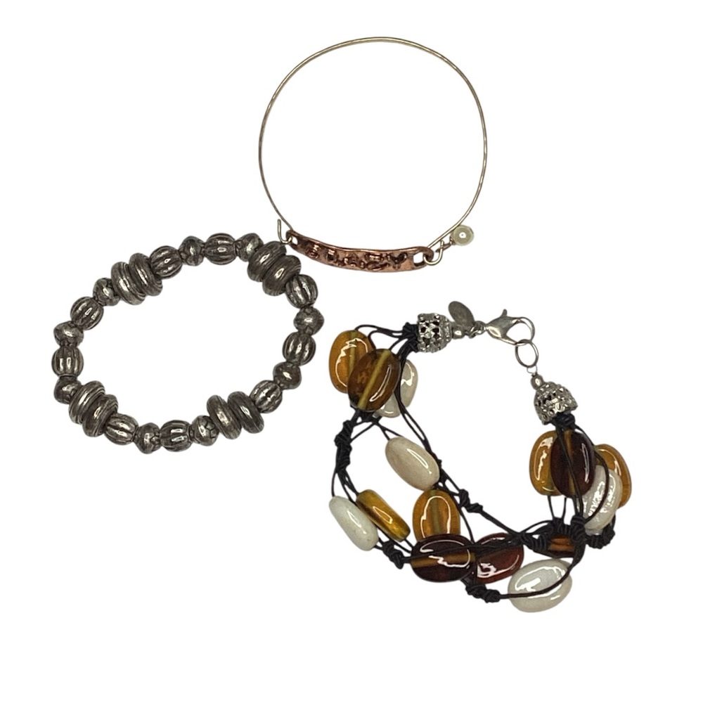 Chic Silver and Brown Beaded Bracelet Trio